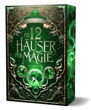 Das Cover ist mittig dunkelgrün und hat in den Ecken und am Rand dunkle goldene und braune Schnörkel. In den Ecken sind kleine grüne Kristalle verteilt. In der Mitte des Covers ist in großen Buchstaben der Titel abgebildet. Über dem Titel befindet sich ein kleines Banner, auf dem der Name des Autors steht. Unter dem Titel in der Mitte ist ein großer grüner Kristall, an dessen linker und rechter Seite jeweils ein mittelgroßer grüner Kristall zu sehen ist. Mittig unter dem großen Kristall befinden sich noch z